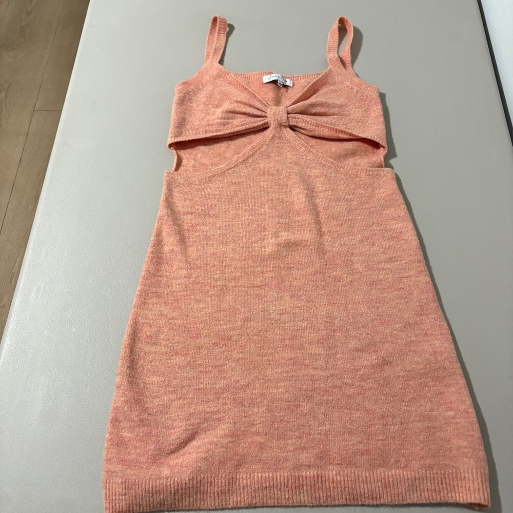 Emory Park Knit Mini‎ Dress Peach Pink Bow Front Cut Out Sleeveless Womens Large